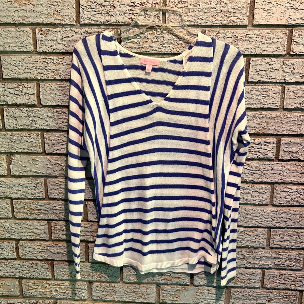 Lilly Pulitzer Blue White Striped V-Neck Cotton Knit Sweater Womens Small
